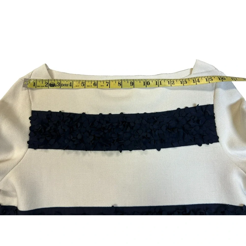 Tory Burch Flutter Flower Striped Top Bateau Neck Ivory Blue Long Sleeves SZ‎ M